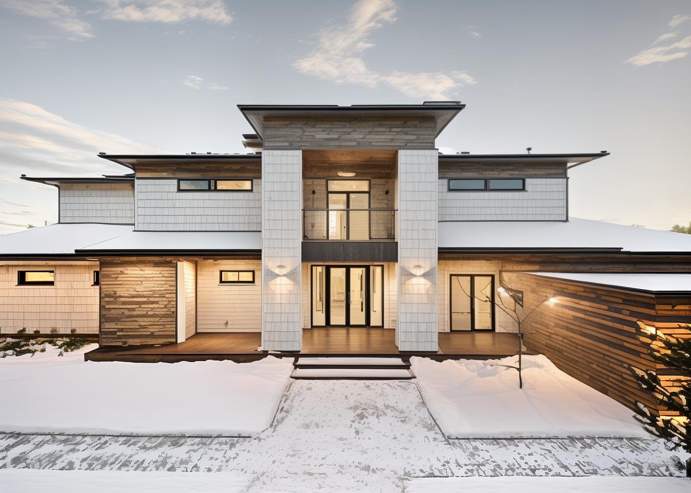  generate an image of a house facade in a modern farmhouse style. use a pitched metal roof, white or light colored siding, black window frames, and a welcoming front porch. the design should balance rustic charm with contemporary elements, creating a warm and inviting appearance.