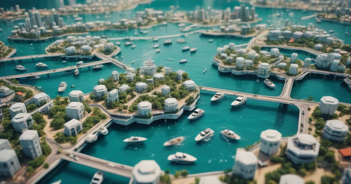  cinematic photo mid tropical ocean, futuristic modular water city, many octagonal blocks, bridges between them, moorings with boats and yachts, bird's eye view, professional photo, 4k, high resolution, high detail . 35mm photograph, film, bokeh, professional, 4k, highly detailed