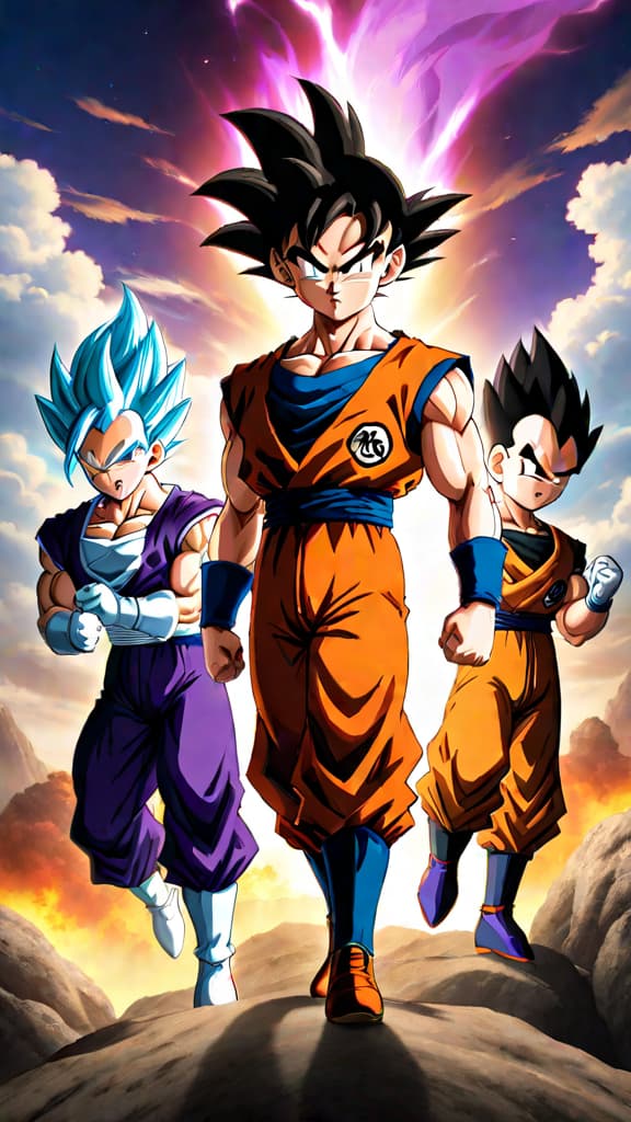  an anime art of goten facing frieza saga goku and vegeta in a fierce battle scene. hyperrealistic, full body, detailed clothing, highly detailed, cinematic lighting, stunningly beautiful, intricate, sharp focus, f/1. 8, 85mm, (centered image composition), (professionally color graded), ((bright soft diffused light)), volumetric fog, trending on instagram, trending on tumblr, HDR 4K, 8K