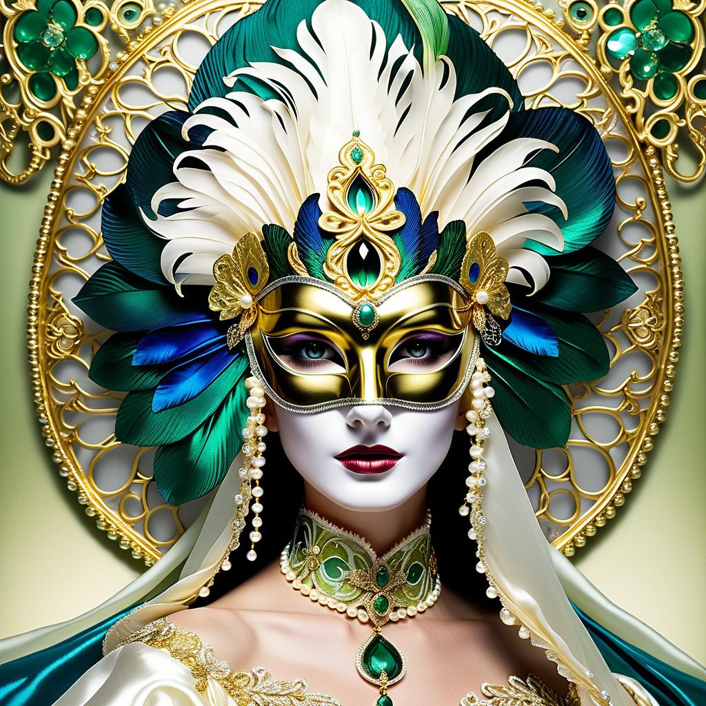  dreamscape (background):black silk cloak, topazes, rubies, emeralds, gold candlestick with white gold flame. ((the eye slits reflect the contours of the palaces and canals of venice1,9)). ((half mask columbine) a mask covering only part of the face. silver mask:with gold patterned ornamentation. colours:light green, blue, pearl cream, peacock feathers, gold and silver beads, gold leaf, gemstones, venetian lace, rhinestones, beads. (style):fantasy, renaissance, dream, mystery, mystery, dream, italy, venice, barcarolle, minestrel. . surreal, ethereal, dreamy, mysterious, fantasy, highly detailed