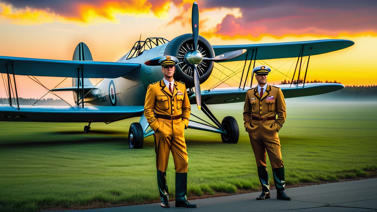  a vintage aviation scene featuring key figures like the wright brothers, amelia earhart, and charles lindbergh, surrounded by period aircraft, blueprints, and early flight instruments, set against a dramatic sunset sky. hyperrealistic, full body, detailed clothing, highly detailed, cinematic lighting, stunningly beautiful, intricate, sharp focus, f/1. 8, 85mm, (centered image composition), (professionally color graded), ((bright soft diffused light)), volumetric fog, trending on instagram, trending on tumblr, HDR 4K, 8K