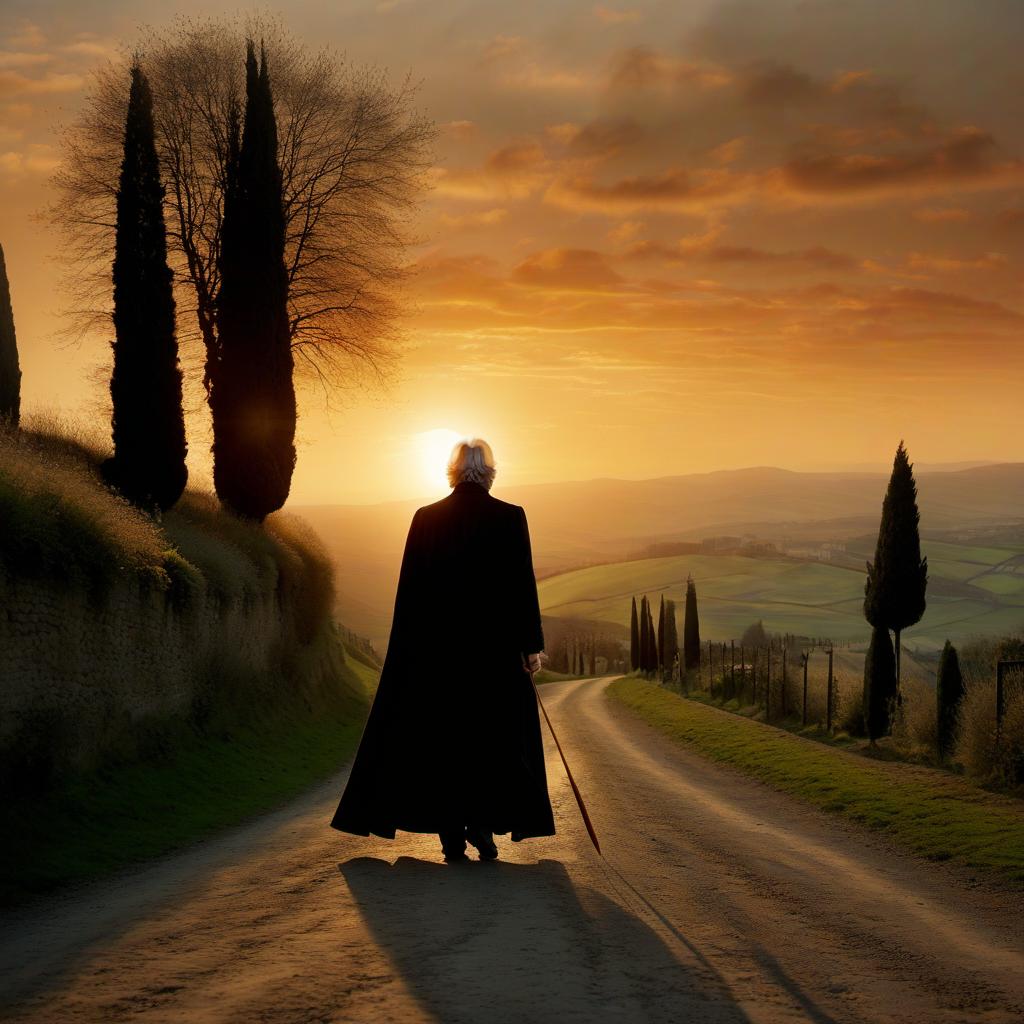  actor alan rickman's back view walks down a rustic italian road to meet the setting sun, holding a magic wand