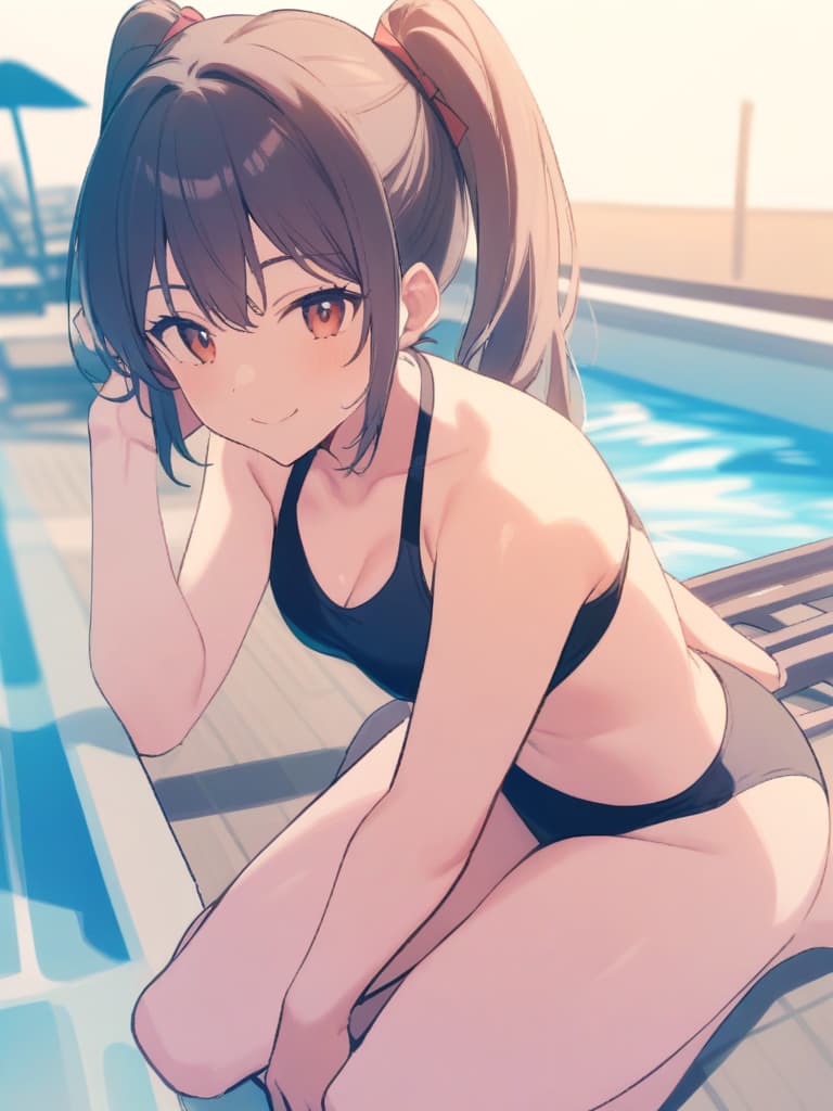  s, twin tails, cute smiles, male (,), swimwear, , swelling (), whole body, pool side,