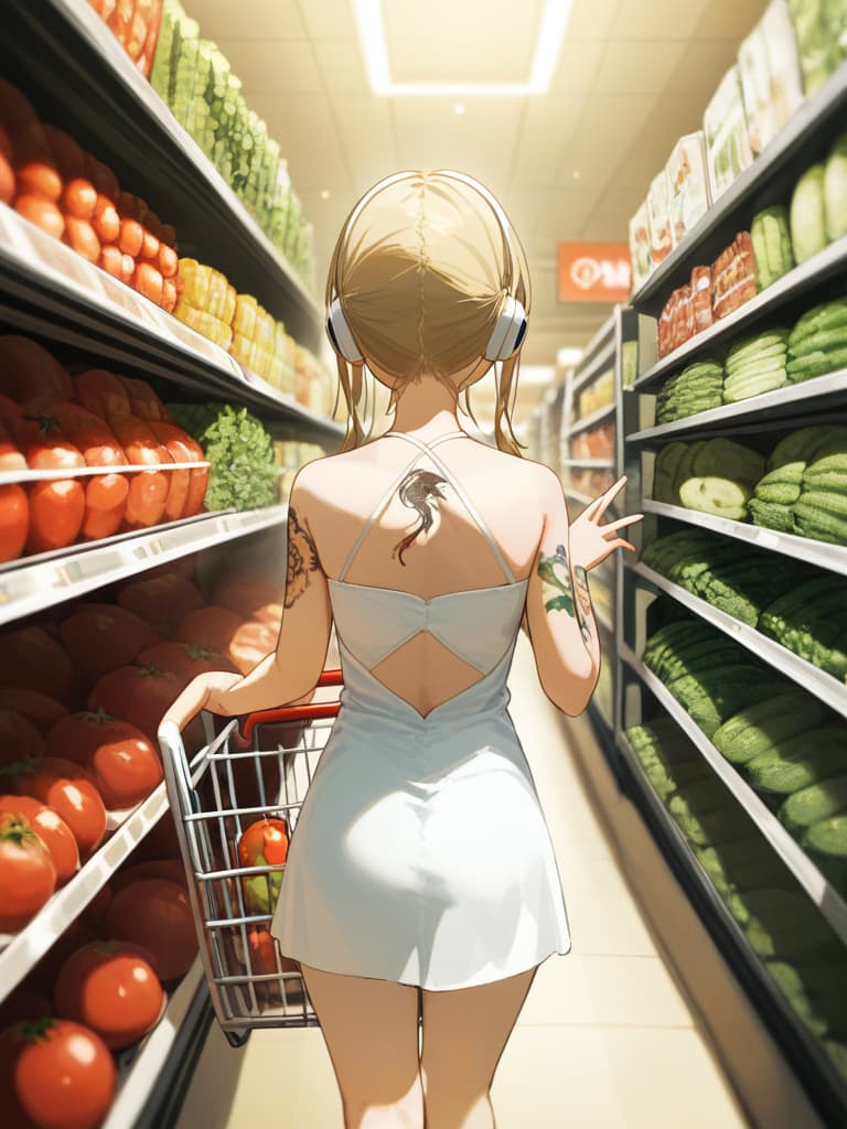  with tomatoes, blonde ponytails, white headphones, snakes on the legs, whole body, walking figure, girls on their arms, girls wearing white dresses, shopping carts, pressing shopping carts, gestures, shopping carts. is containing eggplant and celery, a small wing tattoo on the back, a tattoo on the upper arm, a snake tattoo on the thigh, a snake tattoo on the ankle., masterpiece, best quality,8k,ultra detailed,high resolution,an extremely delicate and beautiful,hyper detail