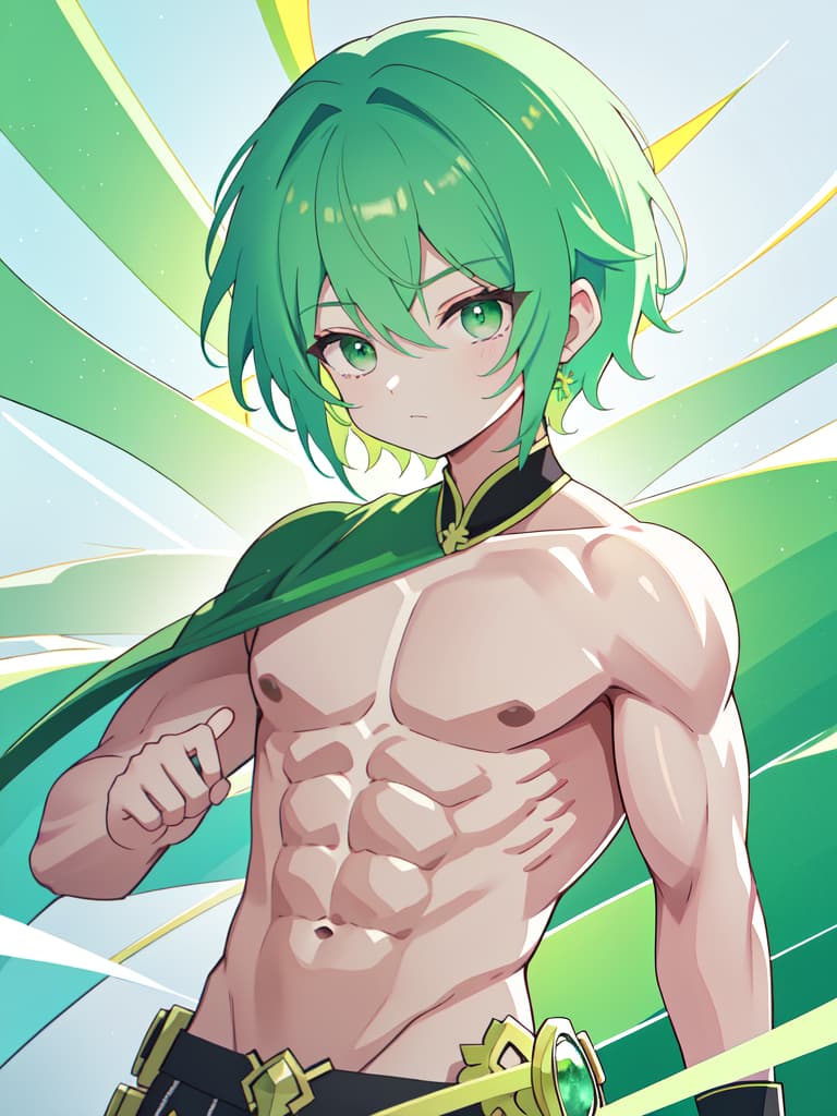  green hair male with beautiful abs, masterpiece, best quality,8k,ultra detailed,high resolution,an extremely delicate and beautiful,hyper detail