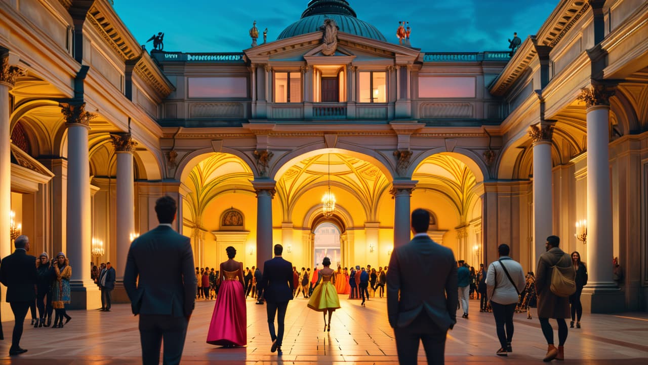  @ image prompt: "an artistic representation of the prado museum's grand facade with visitors admiring masterpieces inside, juxtaposed with scenes from a lively spanish festival featuring colorful costumes, music, and traditional dancing in the streets." hyperrealistic, full body, detailed clothing, highly detailed, cinematic lighting, stunningly beautiful, intricate, sharp focus, f/1. 8, 85mm, (centered image composition), (professionally color graded), ((bright soft diffused light)), volumetric fog, trending on instagram, trending on tumblr, HDR 4K, 8K