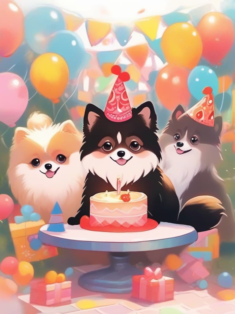  animation style,one animal,笑顔、orange,cute pomeranian,happy birthday,cake🎂,balloons,masterpiece,high quality,8k