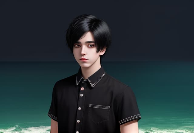  masterpiece, best quality, this is an emo boy, do not change him into a girl and do not change his face and not his hair. can you make him standing on a beach.