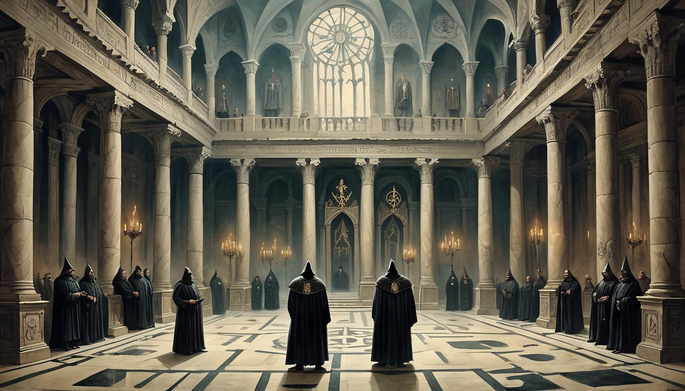  on parchment, surrealism+++, a grand chamber with towering pillars, walls adorned with sigils, elite figures in dark robes, intense gazes, unwavering purpose, solemn atmosphere(mysterious, provocative, symbolic,muted color)+++