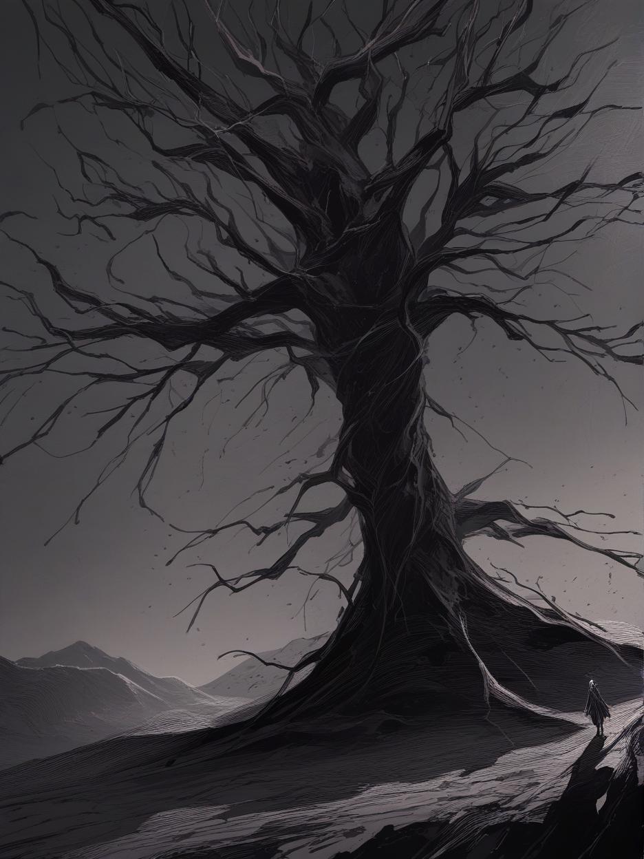  create for me a black tree with hands on the branches giant, in an all black desert environment with mud and emptiness, with dark mountains in the background . best quality, high resolution