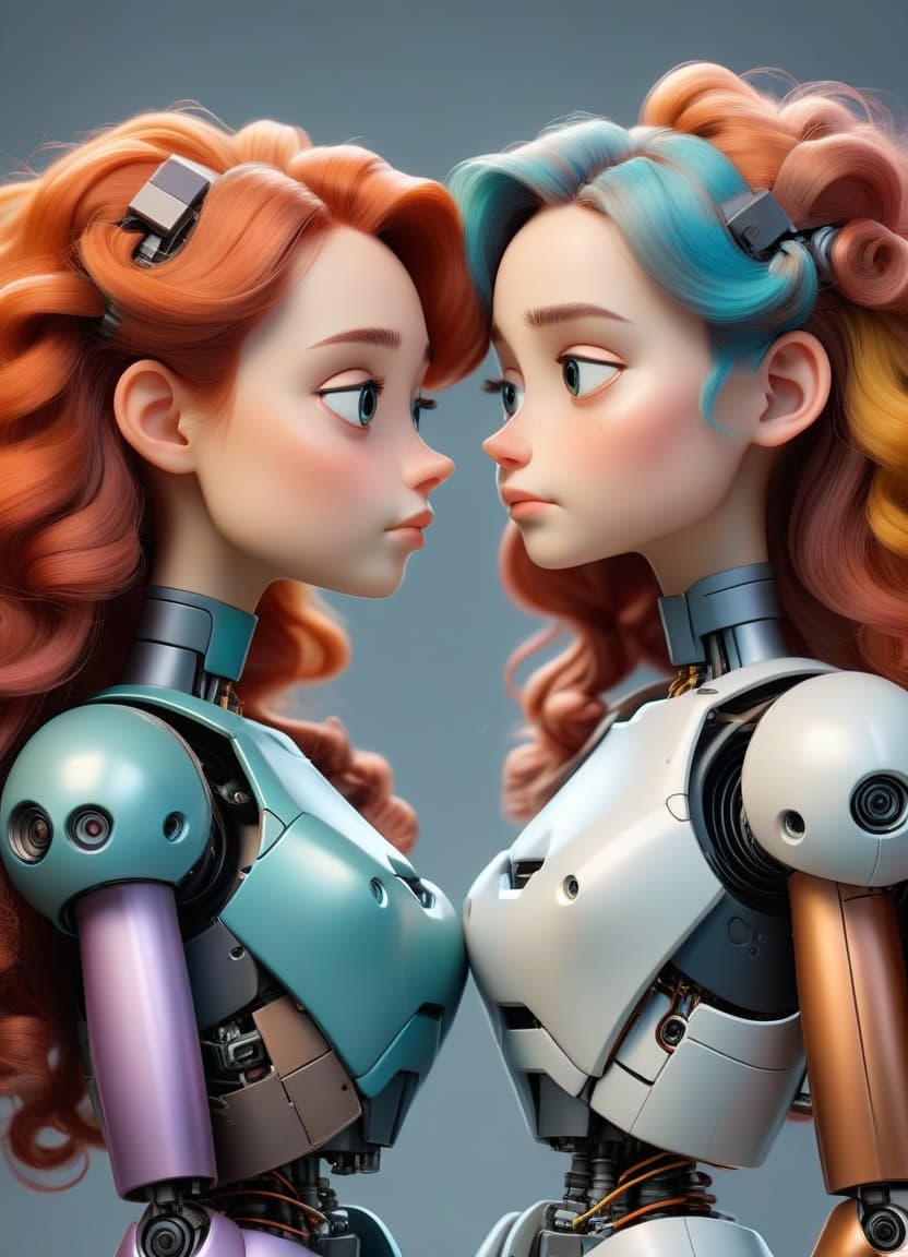   cute sisters on the lips. looking at each other. hugs. . lips . cheeks are plump. the faces are beautiful. they have the bodies of robot s. hair of different colors.