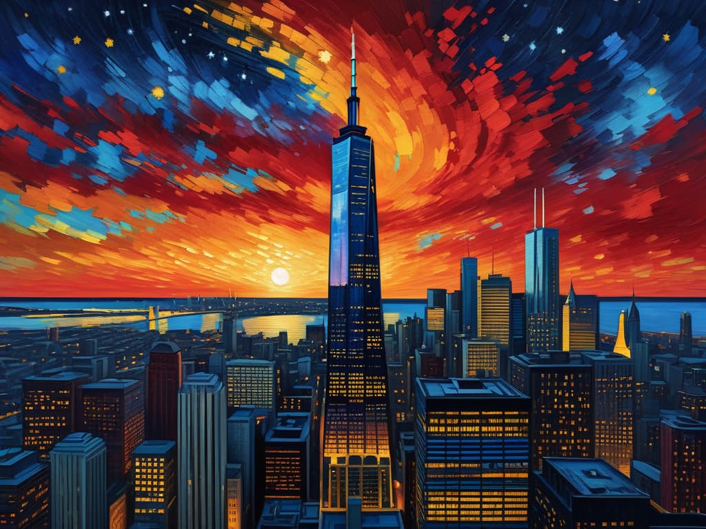  concept art sears tower, crain's communications building, drone view, tilt shift, van gogh's starry night, colorful red orange swirls, cloud gate, hyper realistic, chicago skyline, mesmerizing, intricate details, flambient golden red sunrise, dramatic lighting, epic composition, wide angle, cinematic, masterpiece, 4k, raw photo, van gogh influence, studio lighting, impressionist, bold colors, starry sky, architectural elements, medium format lens, high angle, cityscape, city life, metropolitan, van gogh's brushstrokes, van gogh's shadows, van gogh's colors, van gogh's textures, nighttime, city scene, streets, night cityscape. digital artwork, illustrative, painterly, matte painting, highly detailed