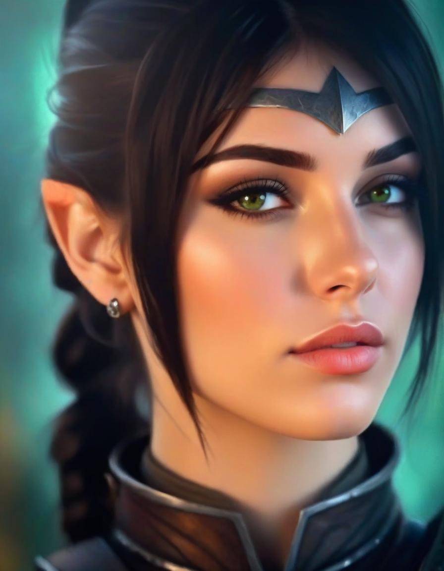  hdr photo of create a highly detailed portrait of a young female warrior with striking features, slender, angular face with high cheekbones and a sharp jawline, skin is fair and smooth, with a few faint scars on her left cheek, eyes are almond shaped and a deep, piercing green, giving her an intense, focused expression, gaze is serious, almost stern, reflecting her determination and inner strength, eyebrows are dark and well defined, arching slightly to add to her determined look, hair is dark brown, almost black, and is cut short, framing her face in a slightly tousled style, a small section of her hair is tied back with a thin, silver circlet adorned with a dark gemstone in the center, resting on her forehead, ears are slightly pointed, s