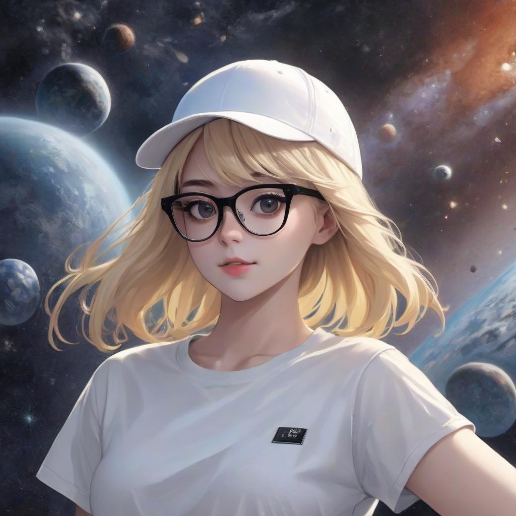  blonde girl in a white t shirt, black glasses and a white cap, space