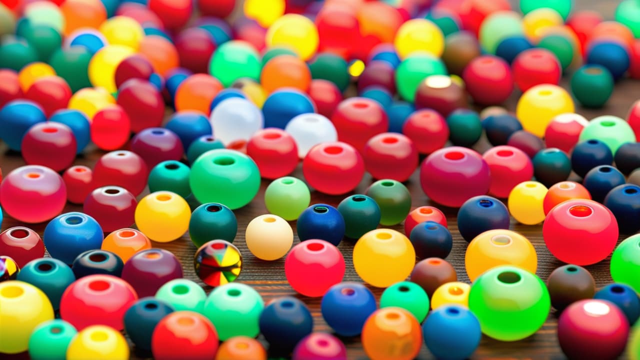  a close up of vibrant beads in various shapes and sizes, scattered across a wooden table, alongside intricate beadwork designs showcasing a blend of colors and patterns, capturing the essence of craftsmanship and creativity. hyperrealistic, full body, detailed clothing, highly detailed, cinematic lighting, stunningly beautiful, intricate, sharp focus, f/1. 8, 85mm, (centered image composition), (professionally color graded), ((bright soft diffused light)), volumetric fog, trending on instagram, trending on tumblr, HDR 4K, 8K