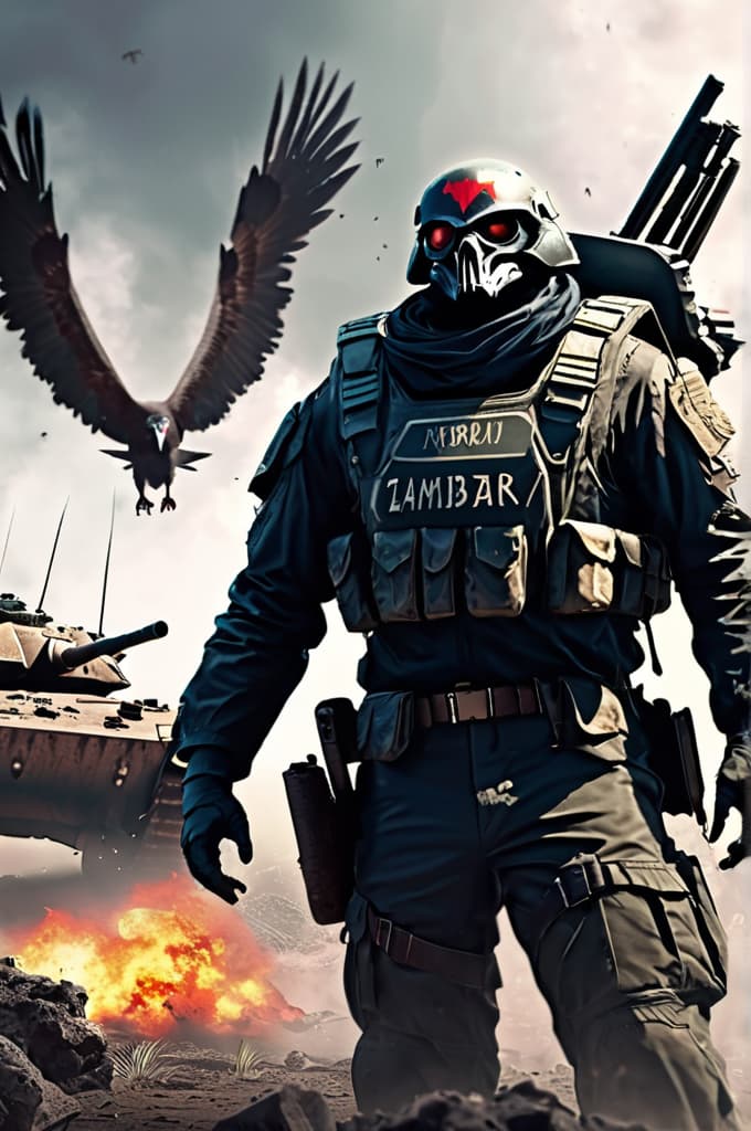  in the future in a zambia apocalypse a vulture fighting against zombies in an uniform , with a text on the uniform ob4, there is a tank in the background, 4k