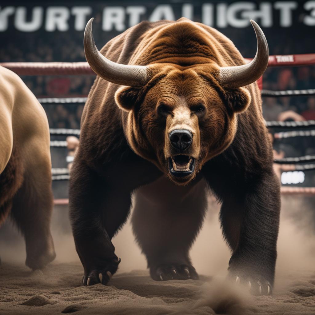  create a ufc fight card opposing a bull with horns and a bear with his claws hyperrealistic, full body, detailed clothing, highly detailed, cinematic lighting, stunningly beautiful, intricate, sharp focus, f/1. 8, 85mm, (centered image composition), (professionally color graded), ((bright soft diffused light)), volumetric fog, trending on instagram, trending on tumblr, HDR 4K, 8K