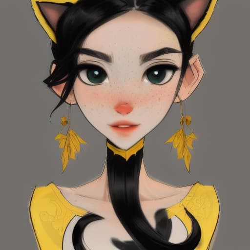  a young and slim but toned female with panther ears and fluffy tail with cat designs, dark semi short black hair, yellow eyes, cute freckles on my cheeks and nose, soft rose cheeks and lips. wearing a yellow, black and white emperor dress. has powers to grow yellow roses wherever she steps.tribal