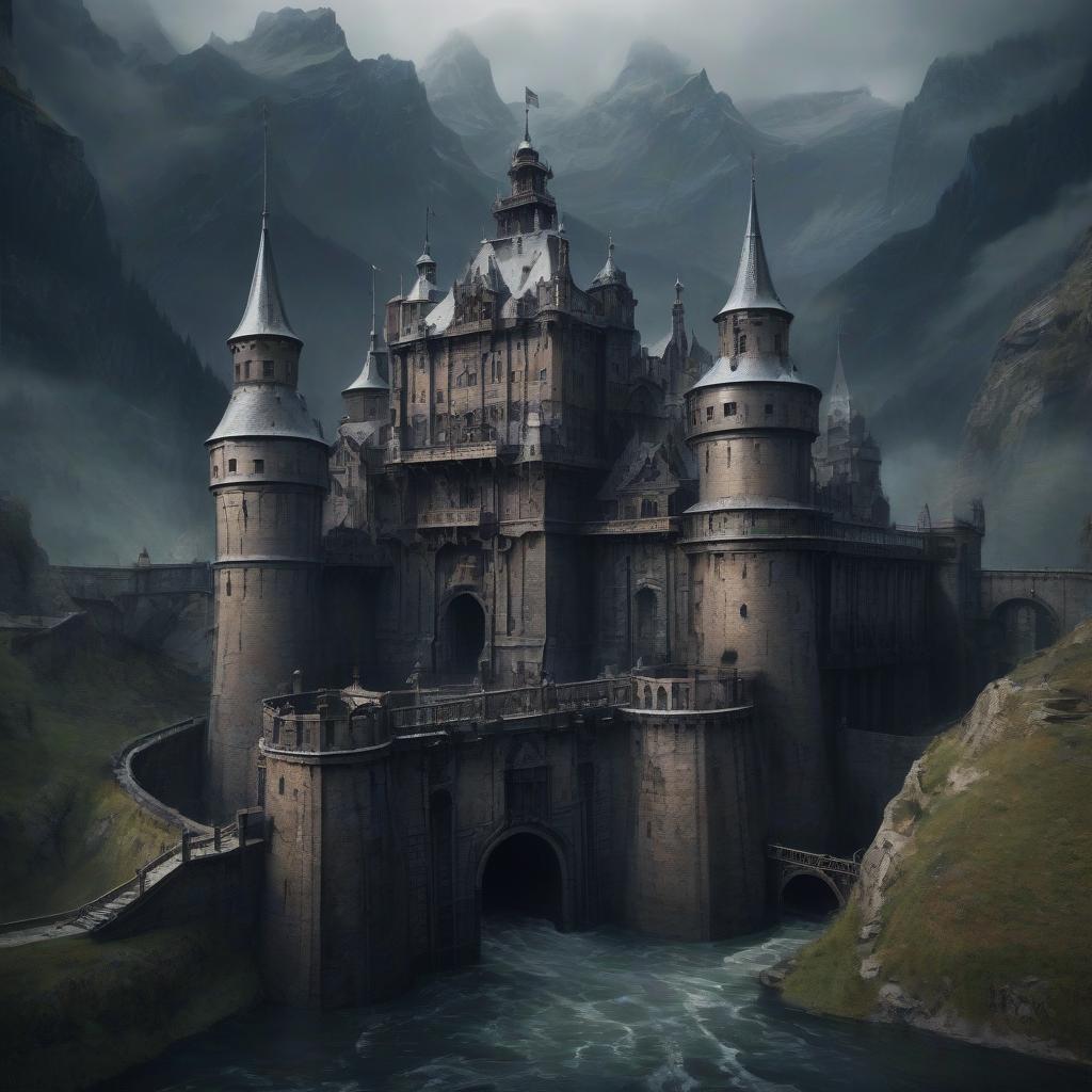  iron castle. there is a moat in front of the castle. a castle in the mountains. a gloomy castle. the lock is composed entirely of iron. baroque, rococo, cyberpunk.