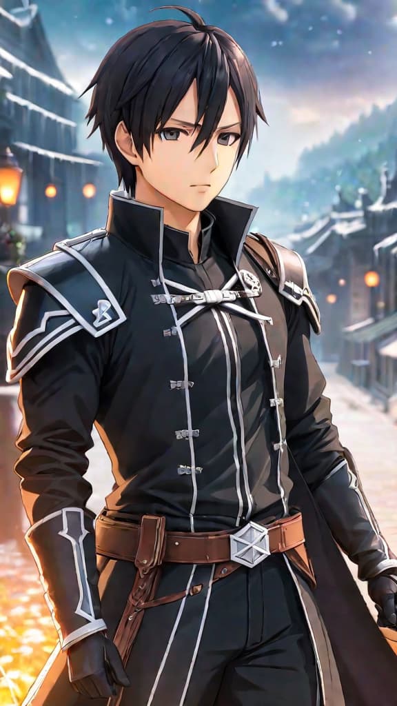  anime art: kirito in sword art online, unraveling memories intertwined with the game's existence in aincrad. hyperrealistic, full body, detailed clothing, highly detailed, cinematic lighting, stunningly beautiful, intricate, sharp focus, f/1. 8, 85mm, (centered image composition), (professionally color graded), ((bright soft diffused light)), volumetric fog, trending on instagram, trending on tumblr, HDR 4K, 8K