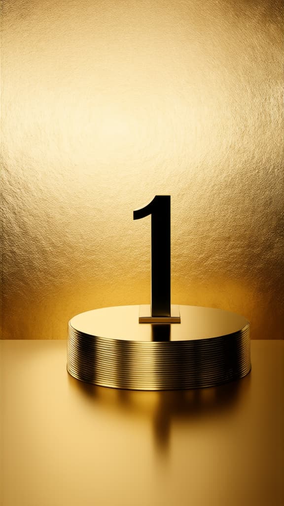  professional detailed photography, Номер " 1" на metallic gold podium on a glowing gold background ar 9:16, (muted colors, dim colors, soothing tones), (vsco:0.3)