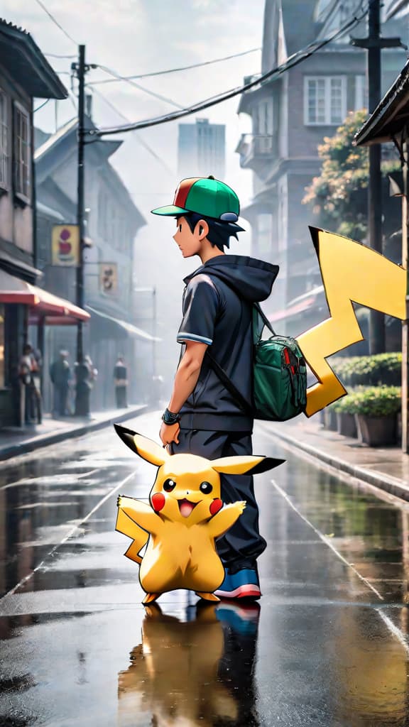  ash ketchum and pikachu from pokémon sharing a heartfelt moment of friendship, anime art hyperrealistic, full body, detailed clothing, highly detailed, cinematic lighting, stunningly beautiful, intricate, sharp focus, f/1. 8, 85mm, (centered image composition), (professionally color graded), ((bright soft diffused light)), volumetric fog, trending on instagram, trending on tumblr, HDR 4K, 8K