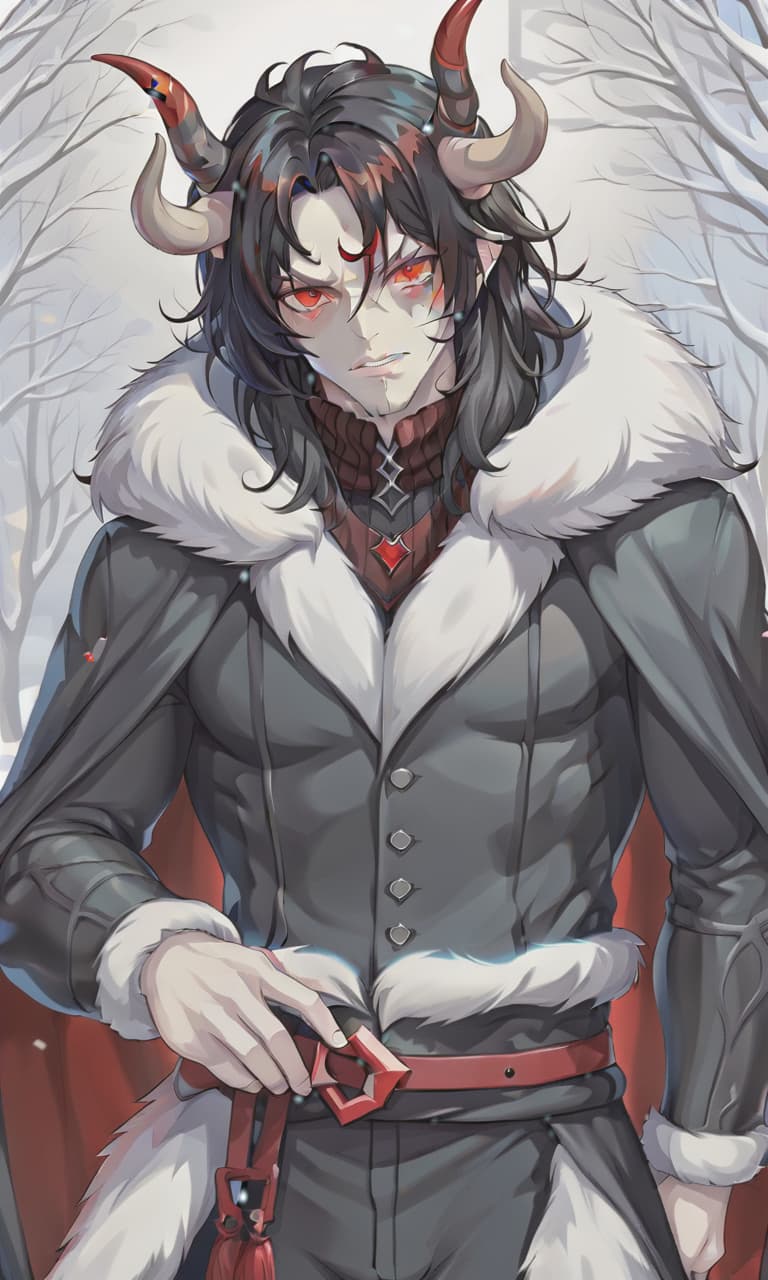  breathtaking man demon, red horns, red eyes, black long hair, winter clothes . award winning, professional, highly detailed, sticker