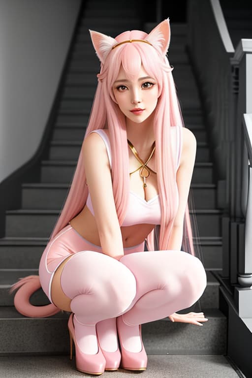  an image of a girl with thin light pink long hair with cat ears,in a fantasy light pink sailor outfit with short ,golden eyes,blushing,on stairs at dusk,showing black ,crouching. hyperrealistic, full body, detailed clothing, highly detailed, cinematic lighting, stunningly beautiful, intricate, sharp focus, f/1. 8, 85mm, (centered image composition), (professionally color graded), ((bright soft diffused light)), volumetric fog, trending on instagram, trending on tumblr, HDR 4K, 8K