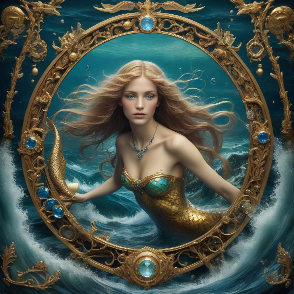  cinematic film still paint a beautiful female mermaid surrounded by jewellery and diamonds is depicted in an art nouveau painting depicting the zodiac sign pisces against a backdrop of sea waves. the background is richly decorated with ornate gold frames set with blue jewels, creating an atmosphere of luxury. the gold border forms a square border on all four sides of the illustration. this design symbolises the power over water, mystical beauty and harmony between the essence of man and nature, with an emphasis on the face. . shallow depth of field, vignette, highly detailed, high budget, bokeh, cinemascope, moody, epic, gorgeous, film grain, grainy