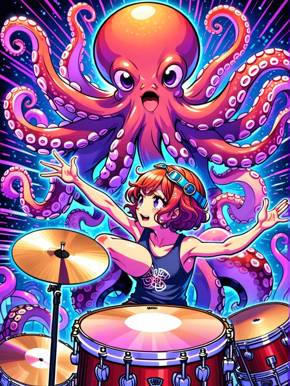  manga artwork octopus playing the drums high on lsd. manga artist. manga, highly emotional. best quality, high resolution