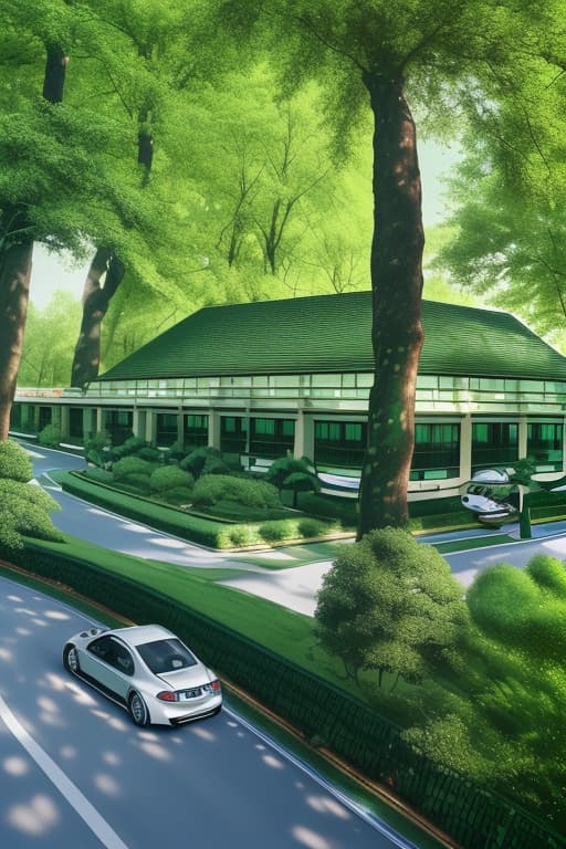  A bmw stand in the middle green trees and a hotel is his behind