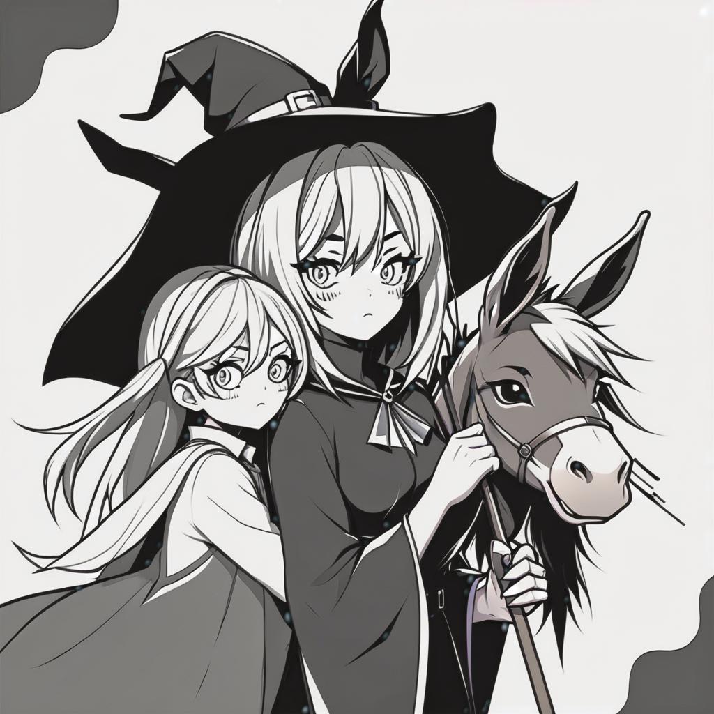  line art drawing witch and donkey, same nightmare. anime style . professional, sleek, modern, minimalist, graphic, line art, vector graphics