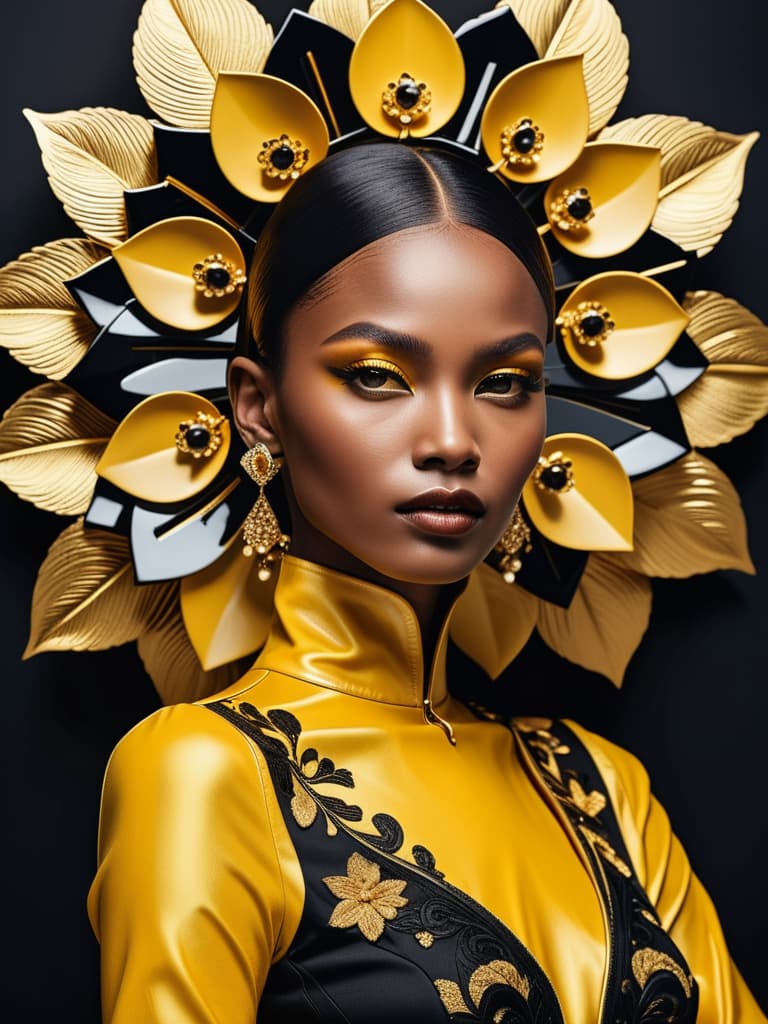  Golden yellow and sleek black color palette, captivating and inviting expression, exuding elegance and charm, magnetic beauty, intricate details, high contrast, luxurious feel, digital art, female, glossy finish, striking composition, dynamic lighting to enhance features.