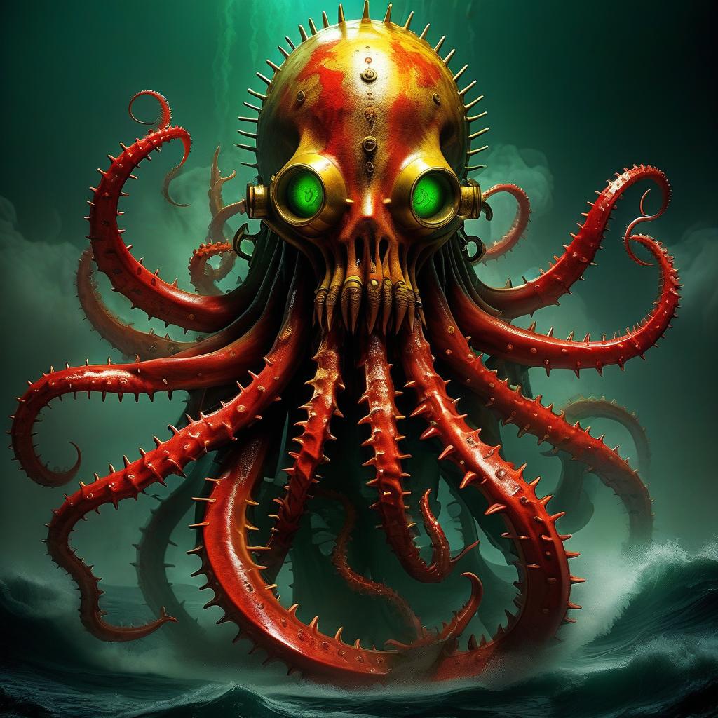  nautical themed beautiful demon hellraiser looks scary prickly red watch in yellow smoke and green sparks suction cups tentacles eyes all lower jaw sting tentacles claws and a terrible moan in red smoke лавкрафта в мантии священника в липкой блестящей слизи пригнулось в туман и свет желтых огней дым красные искры шипы ужас щупальца лавкрафта некрономикон и кольца жижи крылья . sea, ocean, ships, maritime, beach, marine life, highly detailed