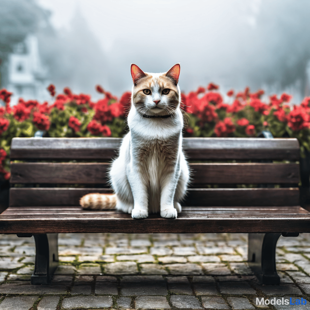  a cat sitting on a bench hyperrealistic, full body, detailed clothing, highly detailed, cinematic lighting, stunningly beautiful, intricate, sharp focus, f/1. 8, 85mm, (centered image composition), (professionally color graded), ((bright soft diffused light)), volumetric fog, trending on instagram, trending on tumblr, HDR 4K, 8K