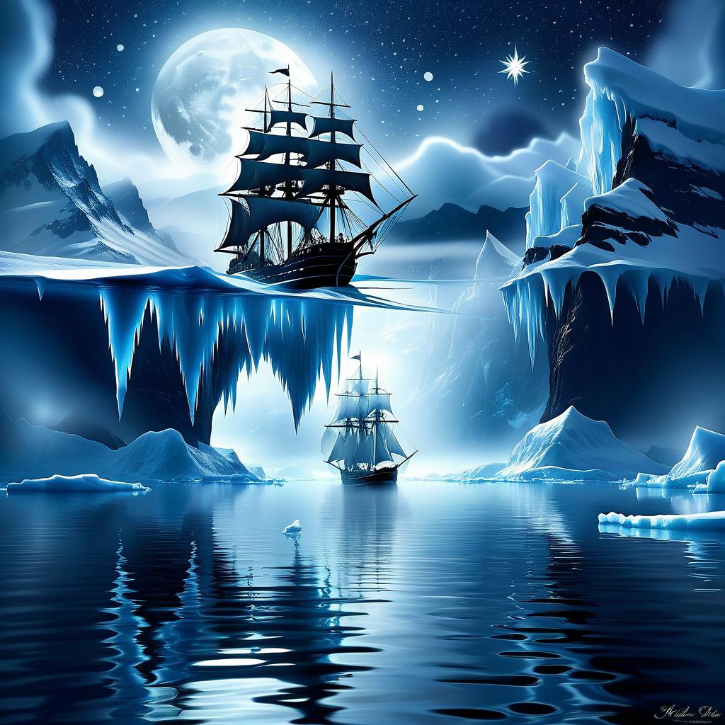  dreamscape we're sailing on an ice floe, like a brigantine on the grey, rugged the seas and all through the night star bears shining their light ♪ to ships far away ♪ . surreal, ethereal, dreamy, mysterious, fantasy, highly detailed