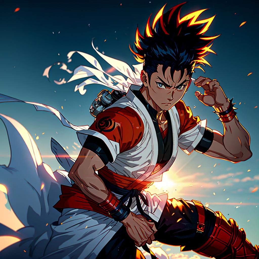  a warrior with spiky hair and a martial arts gi, in the energetic and exaggerated style of akira toriyama, with vibrant colors and dynamic action lines. hyperrealistic, full body, detailed clothing, highly detailed, cinematic lighting, stunningly beautiful, intricate, sharp focus, f/1. 8, 85mm, (centered image composition), (professionally color graded), ((bright soft diffused light)), volumetric fog, trending on instagram, trending on tumblr, HDR 4K, 8K