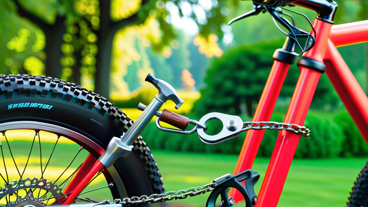  a close up of a bicycle being carefully tuned, with tools like a wrench and lubricants nearby, a gleaming chain, and a vibrant green park in the background, showcasing a sense of care and maintenance. hyperrealistic, full body, detailed clothing, highly detailed, cinematic lighting, stunningly beautiful, intricate, sharp focus, f/1. 8, 85mm, (centered image composition), (professionally color graded), ((bright soft diffused light)), volumetric fog, trending on instagram, trending on tumblr, HDR 4K, 8K