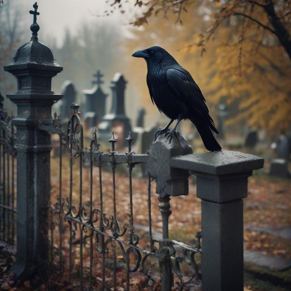  cinematic film still an abandoned old cemetery. late fall. rare rain. a sad crow sits on the gate. . shallow depth of field, vignette, highly detailed, high budget, bokeh, cinemascope, moody, epic, gorgeous, film grain, grainy