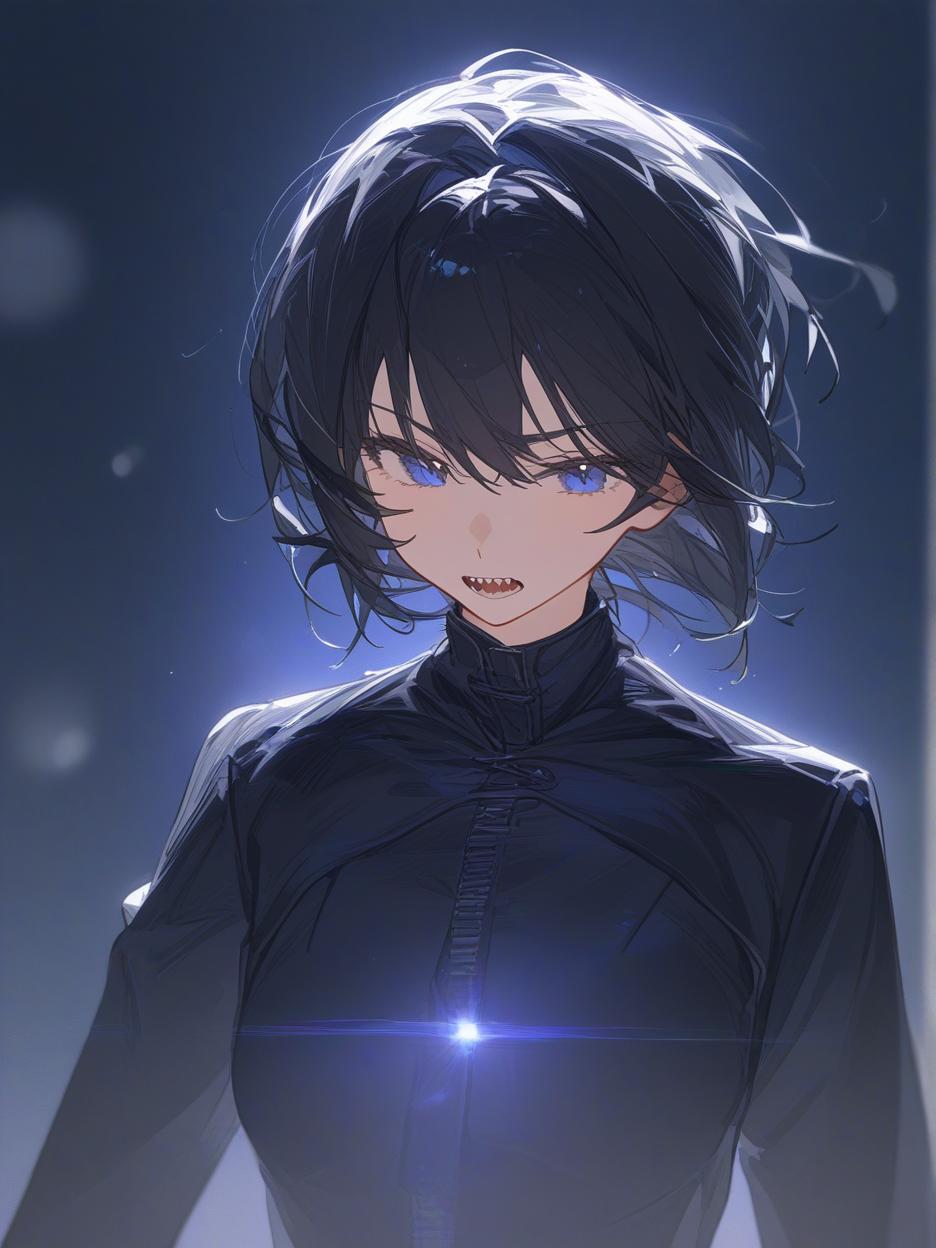  a woman with large sharp teeth. sharp teeth. light blue eyes. it has long black hair that flows freely, giving it a mysterious and imposing air. he wears a long black coat with wavy edges, which appear to be in constant motion, adding a sense of dynamism to his appearance. the coat is open at the front, revealing a fitted black outfit underneath, which highlights her slender and athletic figure. the background is a solid black, with an aura like circle framing the character's head, enhancing his silhouette and giving him an almost otherworldly look. hyper realistic atmospheres, detail, 8k . best quality, high resolution