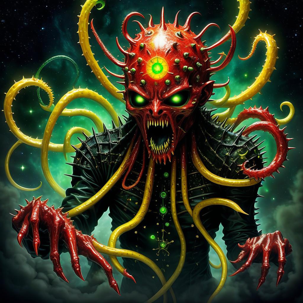  space themed the demon ghoul (hellraiser) entangled with tentacles and protruding pins bared the mouths and pours red mucus on the clawed paws. yellow smoke green rings spikes white fire stars and sparks anime horror black drops thorns . cosmic, celestial, stars, galaxies, nebulas, planets, science fiction, highly detailed