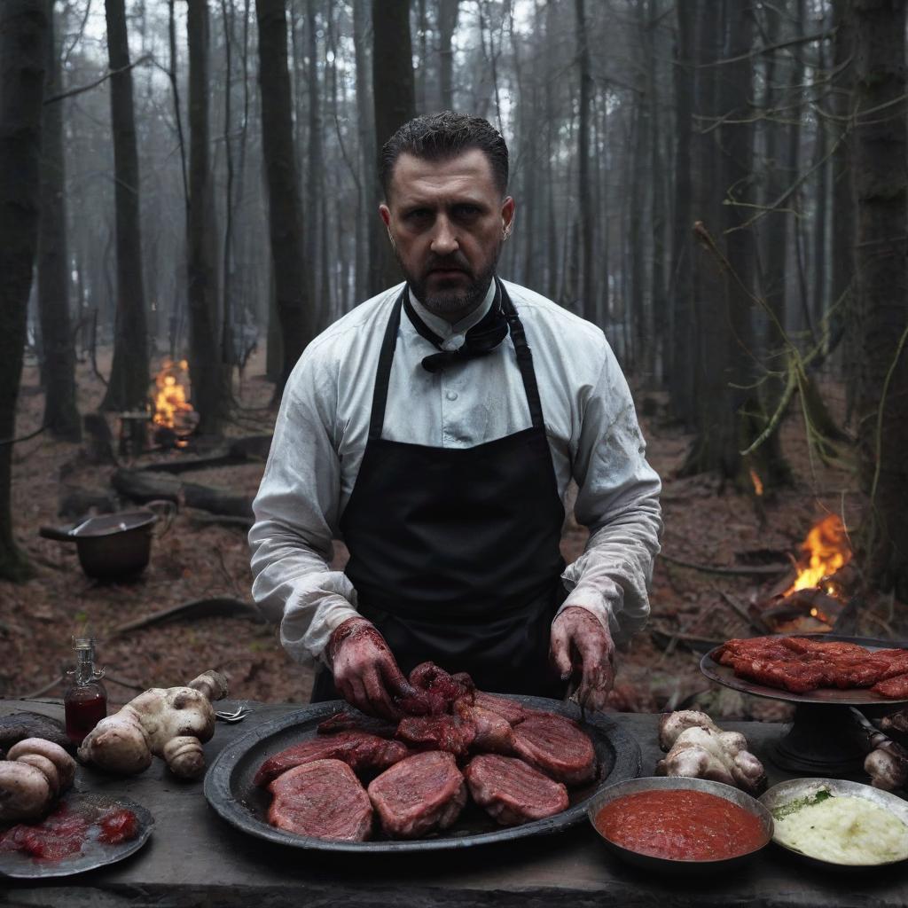  macabre style a feast of prisoners in the forest near the house of the huntsman, the huntsman himself and other people who are not prisoners is not in the picture. there should be meat on the table, there may be cutlets, tartar, and in the center of the table there should be baked organs such as the heart and stomach. behind the prisoners is a man 212 in a cook's apron contaminated with blood . dark, gothic, grim, haunting, highly detailed