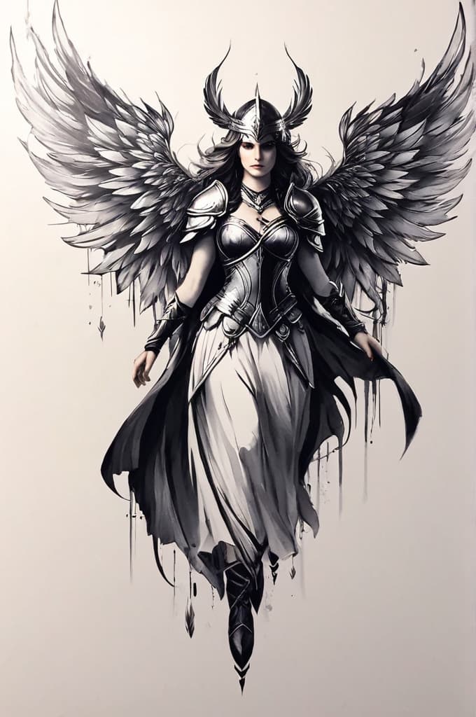   strong warrior with long dress and white wings , (tattoo sketch:1.25), drawing