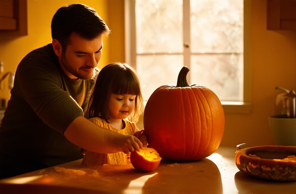  cinematic film style, lovely father dad helping little daughter to remove all the pulp from pumpkin while carving jack o lantern with family in cozy kitchen at home, parents with kids preparing for halloween ar 3:2, shallow depth of field, vignette, maximum details, high budget hollywood movie, bokeh, cinemascope, moody, epic, gorgeous, sun rays and shadows on furniture and surfaces, flattering light, raw photo, photography, photorealistic, 8k resolution, f1.4, sharpened focus, sharp focus