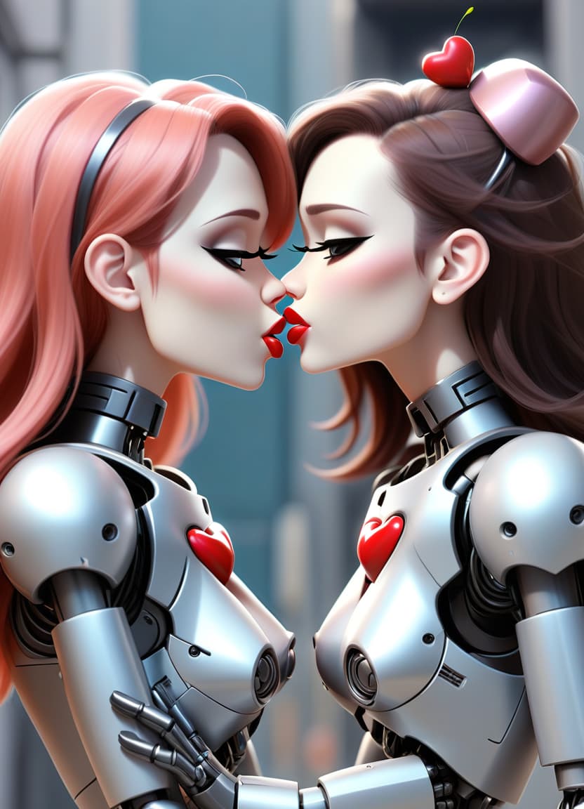  love kiss. robot girls kiss on the lips.