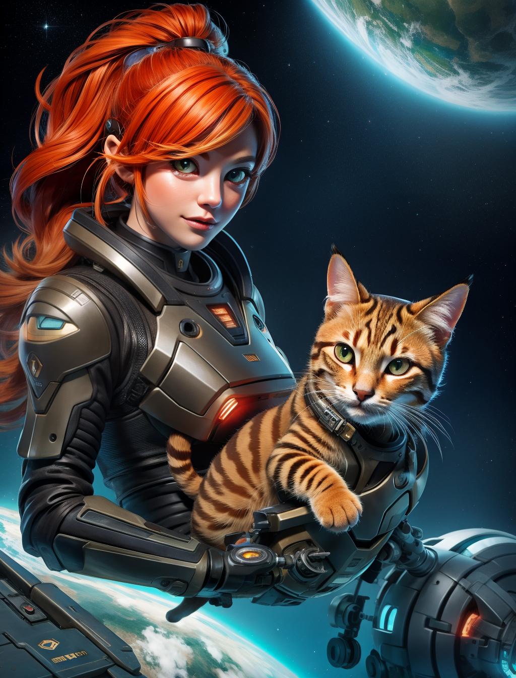  cat, ginger cat, sci fi style, detailed, starship, aesthetic, drawing, more details: 1, more details:0, more details:0.5, (feature:1) (number of views:1 )