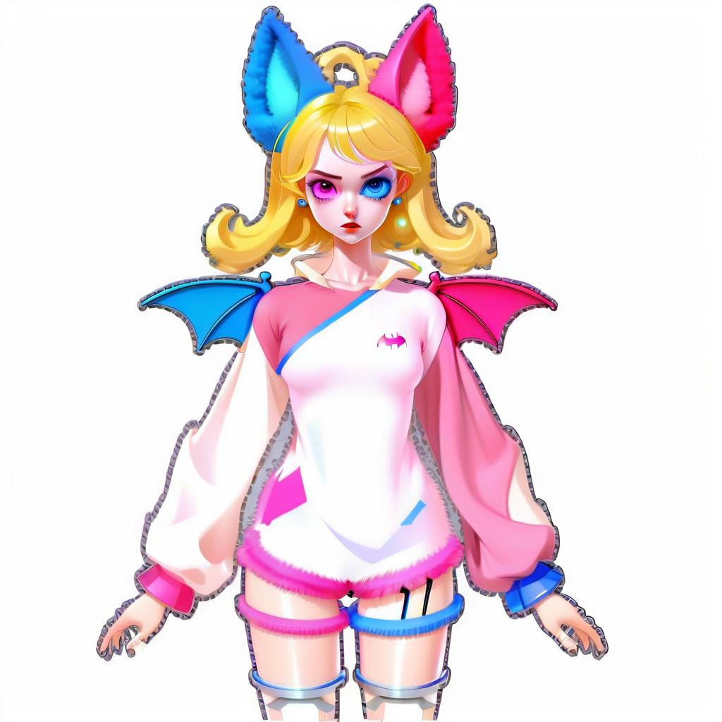  a girl in short short shorts and pink top beautiful, 1 girl, bat, robot arm, robot leg, dressed in a transparent blouse, wearing shorts, heterochromia of eyes, eye blue, eye pink, ears of different colors, ear blue, ear pink, super body detailing, eye detail, full height, background field. hair color yellow blonde, hairstyle curls, ears fluffy, vampire