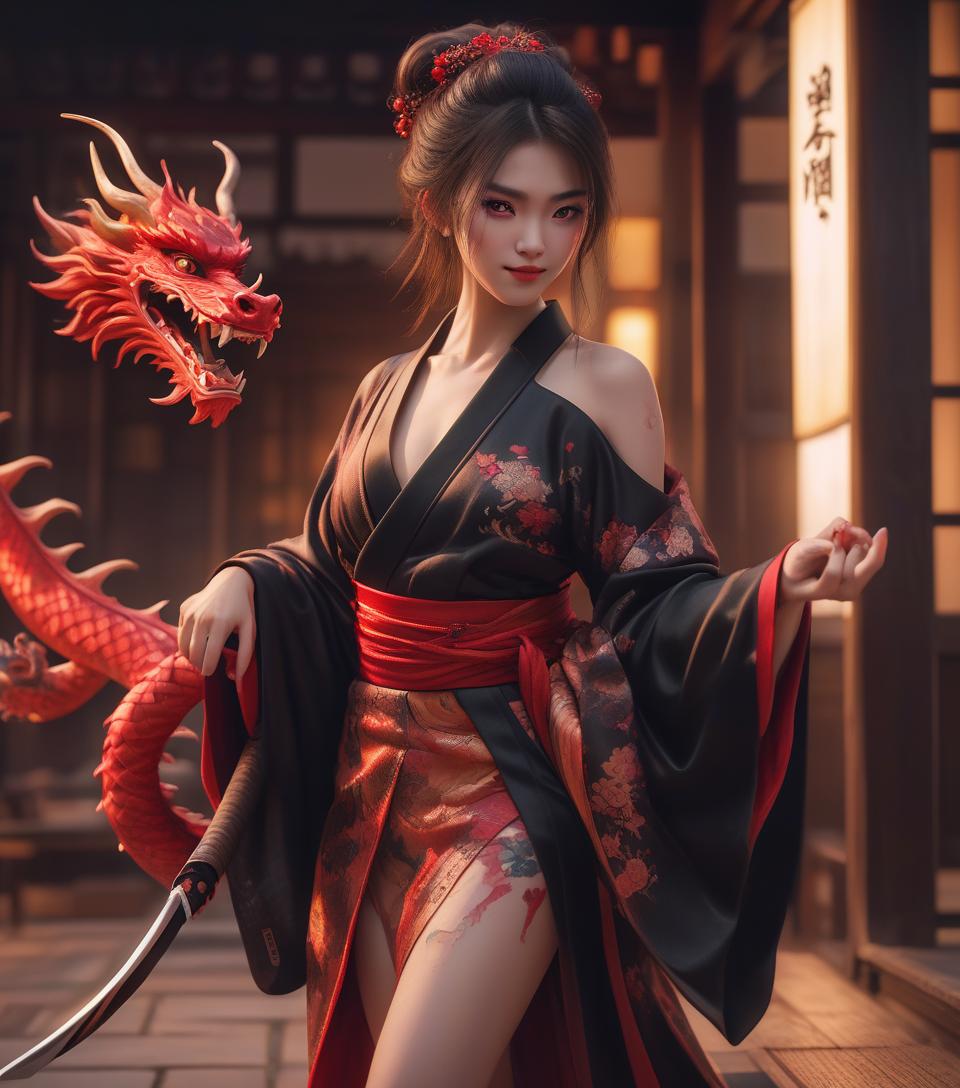  8k uhd, dslr,film grain, fujifilm xt3,(best quality:1.3), (masterpiece:1.1), high resolution, cinematic light, intricate details, (photorealistic) (night scene) a realistic backlight dramatic red tone light photography full body of a beautiful japanese geisha girl,looking forward ((facial texture pore detail)), grin demonic smile, simple messy hairdo, wearing satin black kimono with traditional dragon motif, open shoulder, full body colourful dragon tattoo, holding long katana blade, inside traditional villa, 8k, bokeh foreground