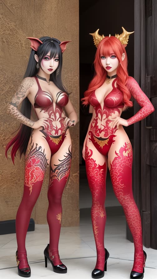  Red and G old dragon pattern face paint, golden dragon and red dragon pattern body paint in every corner of the whole body, Grey body paint, two dark elf sisters, full body image 女性