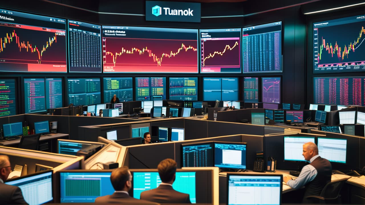  a bustling stock exchange floor with traders intensely focused on screens, colorful graphs and candlestick charts illuminating the background, stacks of financial reports and coffee cups scattered, capturing the vibrant energy of day trading. hyperrealistic, full body, detailed clothing, highly detailed, cinematic lighting, stunningly beautiful, intricate, sharp focus, f/1. 8, 85mm, (centered image composition), (professionally color graded), ((bright soft diffused light)), volumetric fog, trending on instagram, trending on tumblr, HDR 4K, 8K